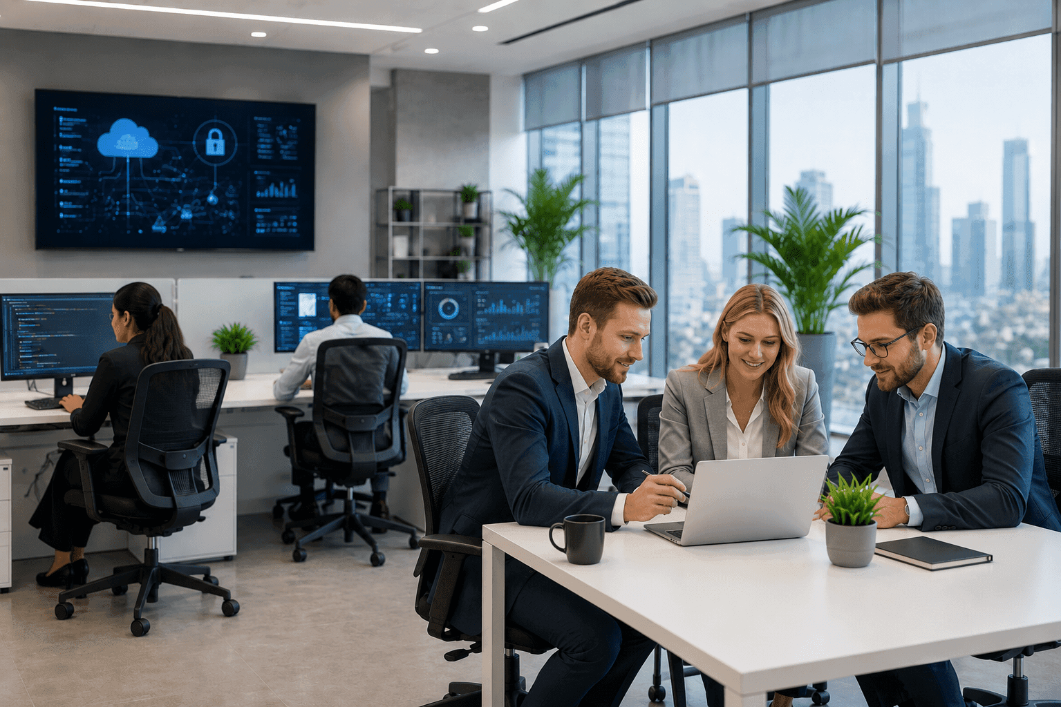 Technology team collaborating in a modern office